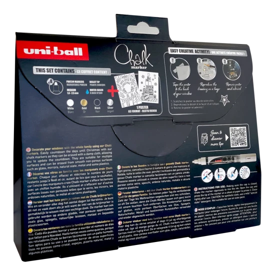 Vianočná dekoračná súprava Nordic UNI PWE-5M Nordic – 4 ks kriedových popisovačov s vianočnými šablónami a mixom farieb na dekorovanie okien a zrkadiel