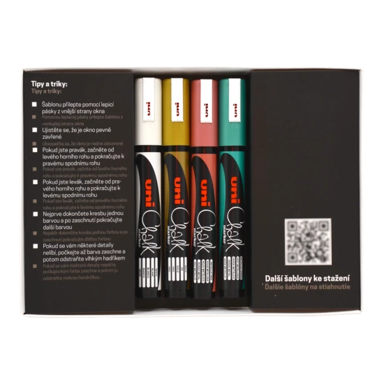 Vánoční dekorační souprava UNI PWE-5M Traditional – 4 ks křídy, mix barev (bílá, zlatá, metalická červená a zelená) s vánočními šablonami pro dekorování oken a zrcadel