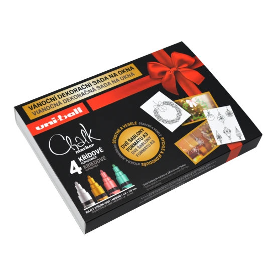 Vánoční dekorační souprava UNI PWE-5M Traditional – 4 ks křídy, mix barev (bílá, zlatá, metalická červená a zelená) s vánočními šablonami pro dekorování oken a zrcadel