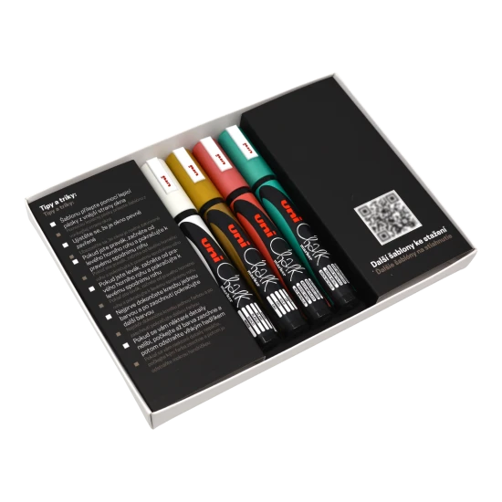 Vánoční dekorační souprava UNI PWE-5M Traditional – 4 ks křídy, mix barev (bílá, zlatá, metalická červená a zelená) s vánočními šablonami pro dekorování oken a zrcadel