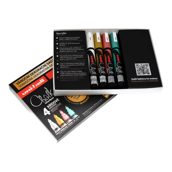 Vánoční dekorační souprava UNI PWE-5M Traditional – 4 ks křídy, mix barev (bílá, zlatá, metalická červená a zelená) s vánočními šablonami pro dekorování oken a zrcadel