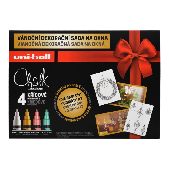 Vánoční dekorační souprava UNI PWE-5M Traditional – 4 ks křídy, mix barev (bílá, zlatá, metalická červená a zelená) s vánočními šablonami pro dekorování oken a zrcadel