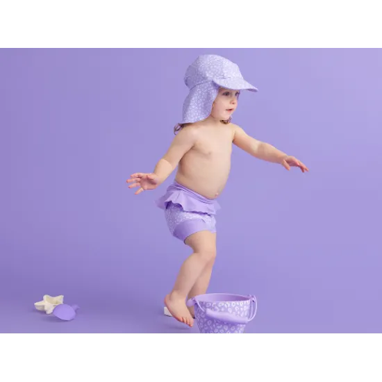 Praktický letní klobouček s ochranou krku od Swim Essentials s leopardím fialovým vzorem ochrání děti před UV zářením.