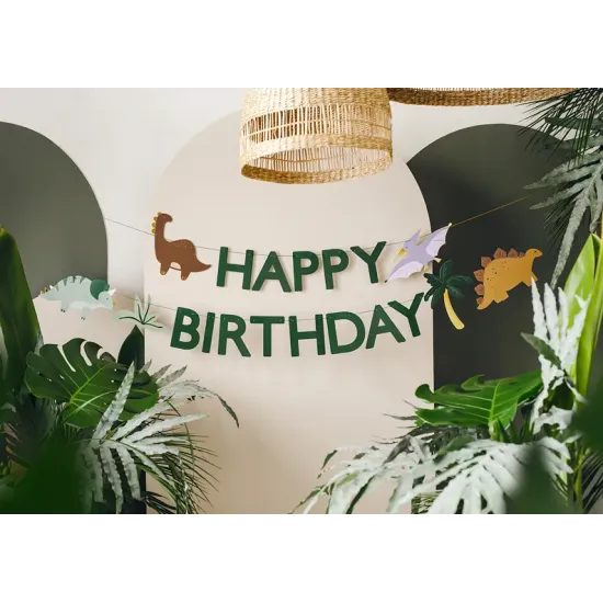 Krásná girlanda s nápisem Happy Birthday a různými kreslenými dinosaury.