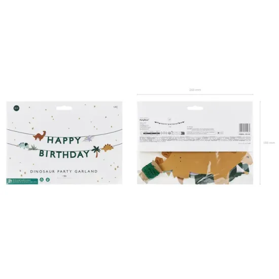 Krásná girlanda s nápisem Happy Birthday a různými kreslenými dinosaury.