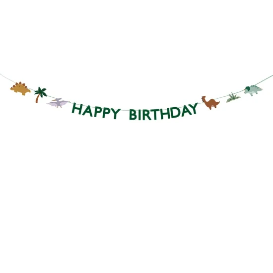 Krásná girlanda s nápisem Happy Birthday a různými kreslenými dinosaury.