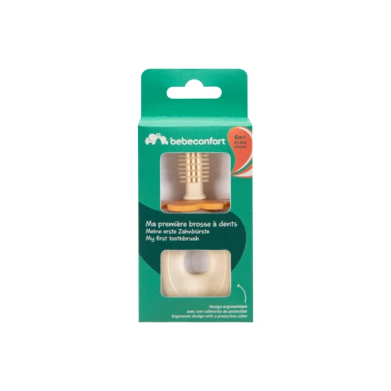 Silikonový kartáček na první zoubky Bebeconfort, ergonomický a bezpečný, ideální pro miminka od 6 měsíců. 