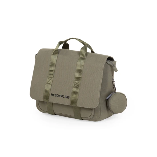 Childhome Canvas Khaki – školní taška s reflexní pláštěnkou 39×31×12 cm