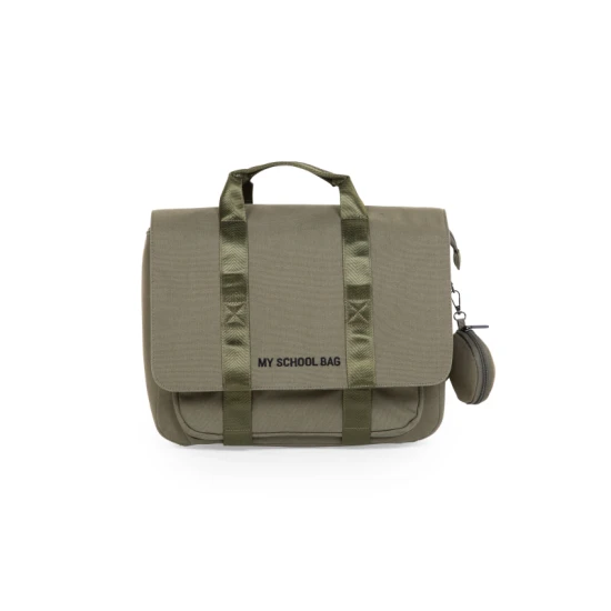 Childhome Canvas Khaki – školní taška s reflexní pláštěnkou 39×31×12 cm