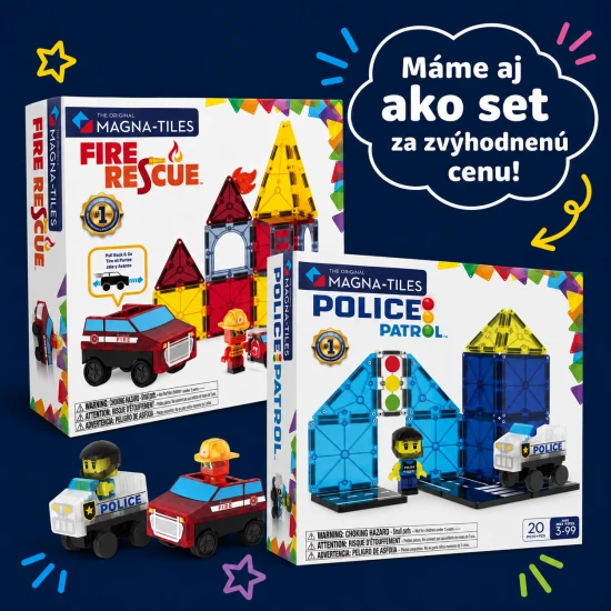 Magnetická stavebnice MAGNA-TILES Fire Rescue – dětské hasičské auto, figurka hasiče a ohnivé dílky